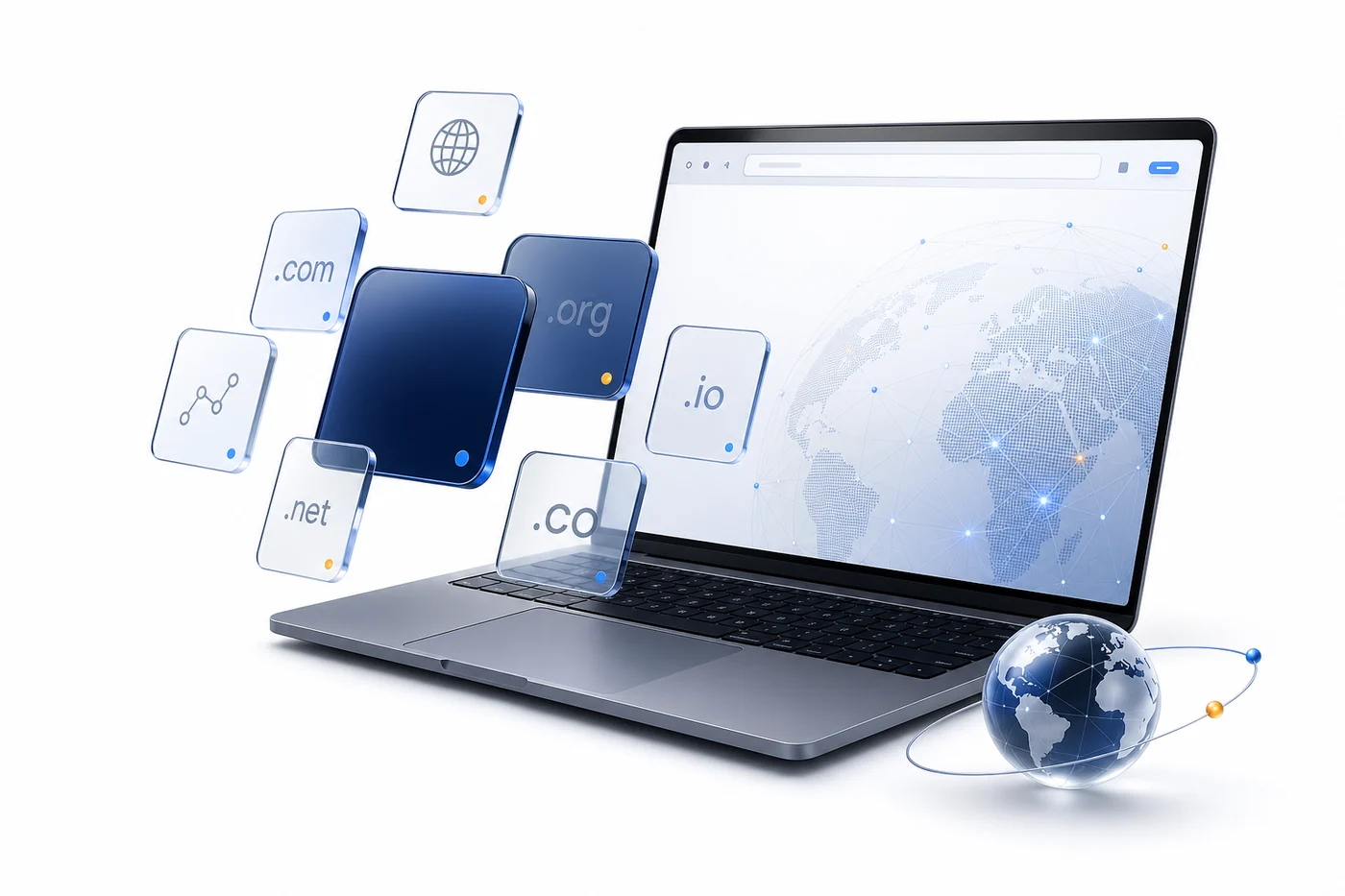 Premium domain discovery interface with floating domain extensions and global network details