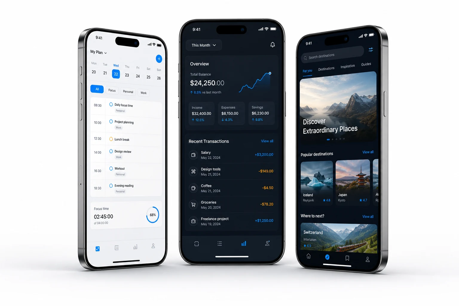 Three premium mobile app interface concepts displayed in realistic smartphone frames