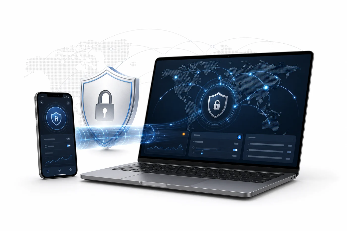 Secure VPN connection protecting a laptop and smartphone across a private global network